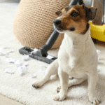 jack russel terrier next to pile of shredded papers; dog eats something they shouldn't