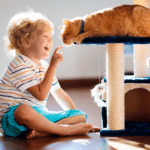 toddler and orange cat play; bring home new pet